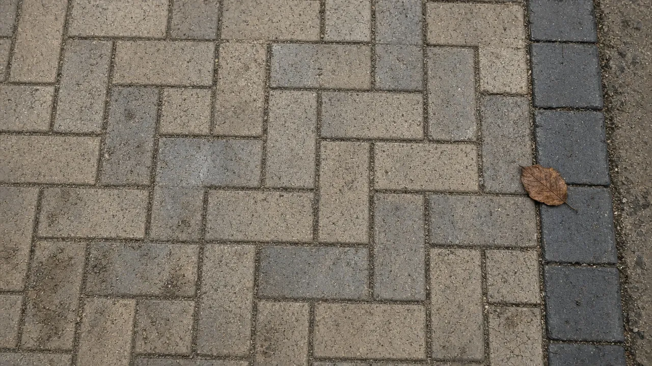 Close-up of herringbone block paving with a charcoal soldier-course border
