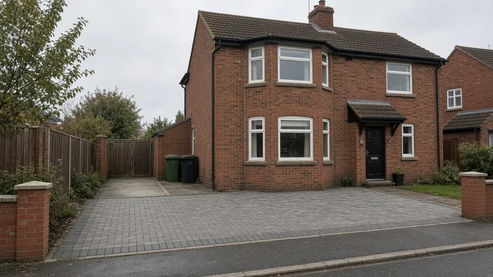 Example image: a narrow side drive widened across the front garden in matching grey block paving in Kader