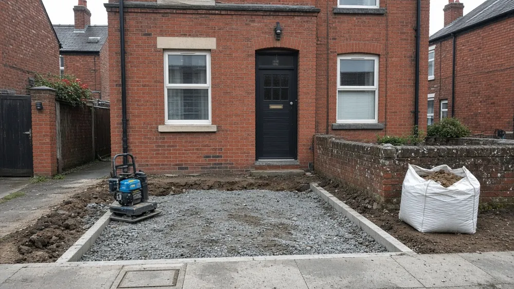 Example image: a small front garden in Park End being dug out to sub-base level for a single parking space