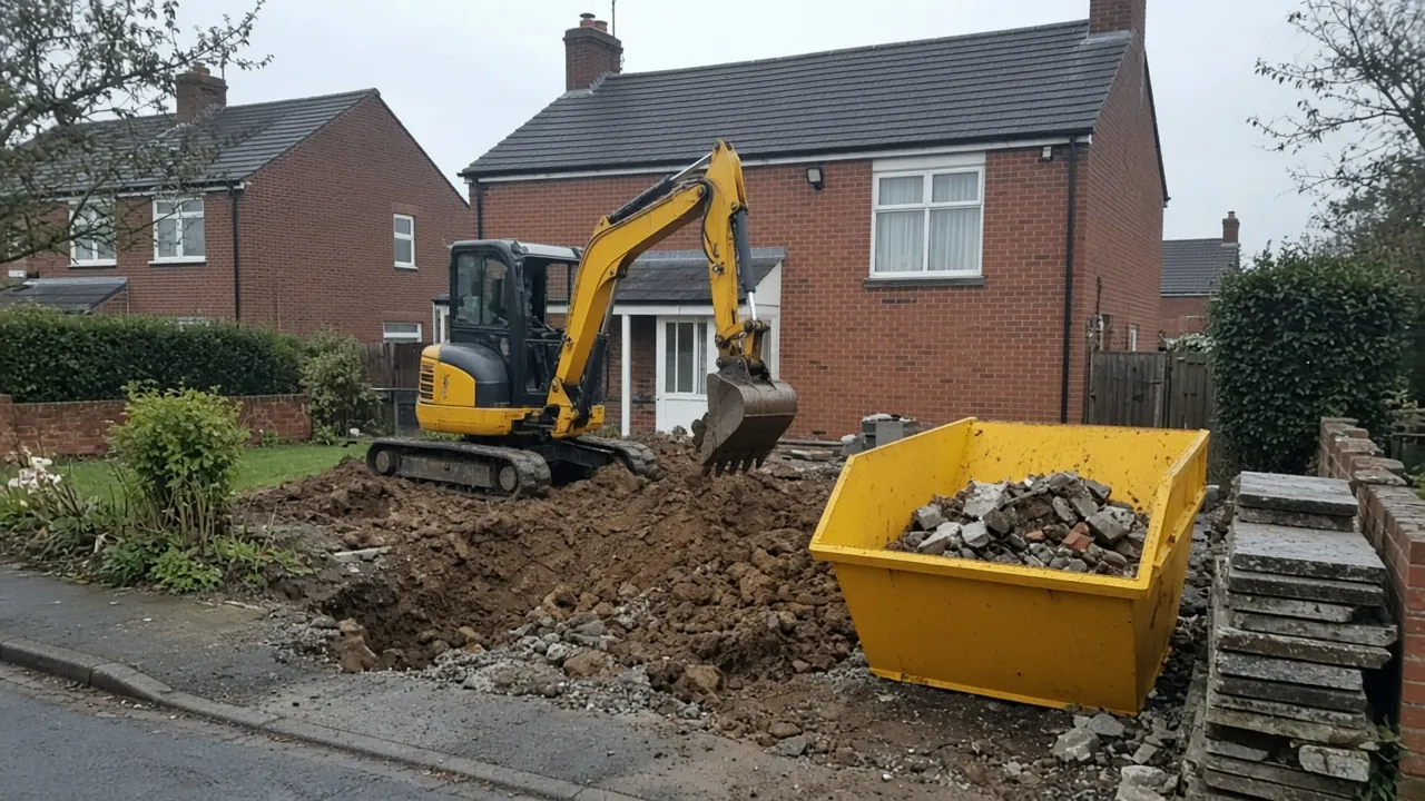 Front garden being dug out for a new driveway with a mini excavator and a skip
