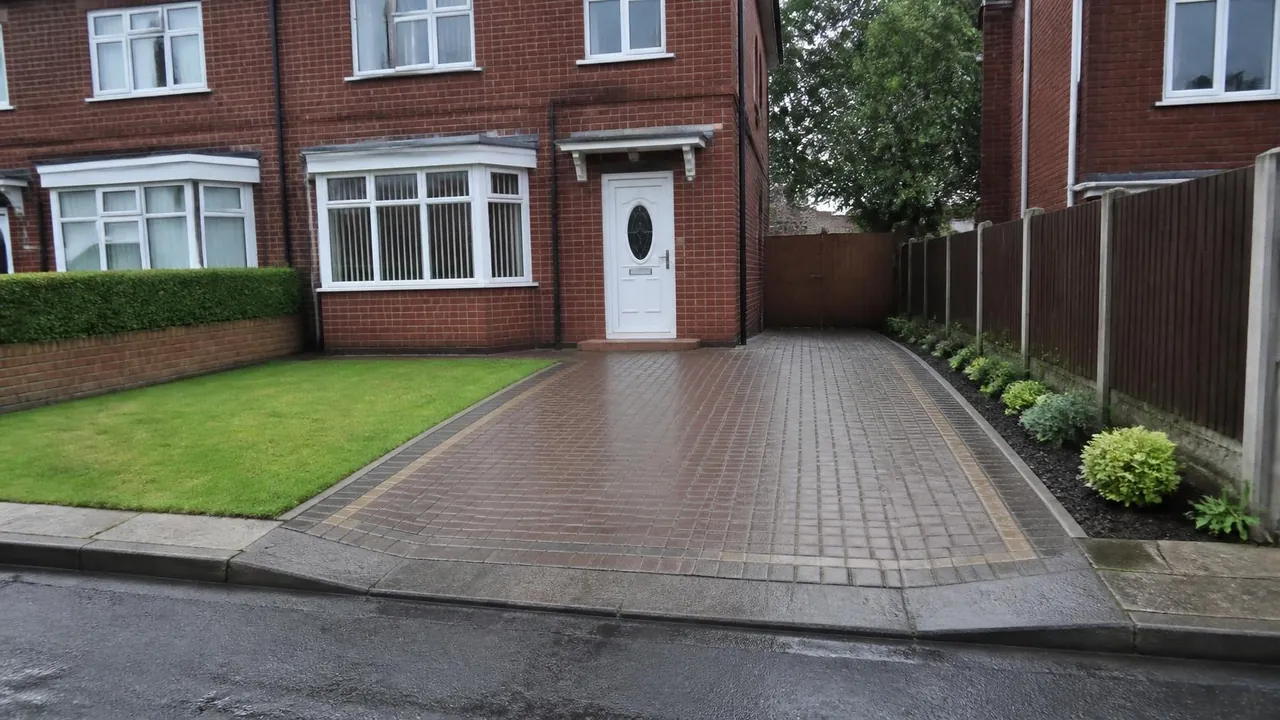Permeable block paved drive with planted border to take rainwater