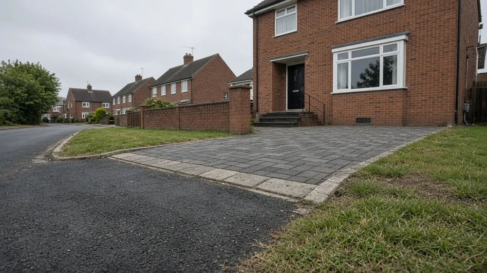 Dropped kerb and vehicle crossover outside a 1960s semi with transition kerbs either side