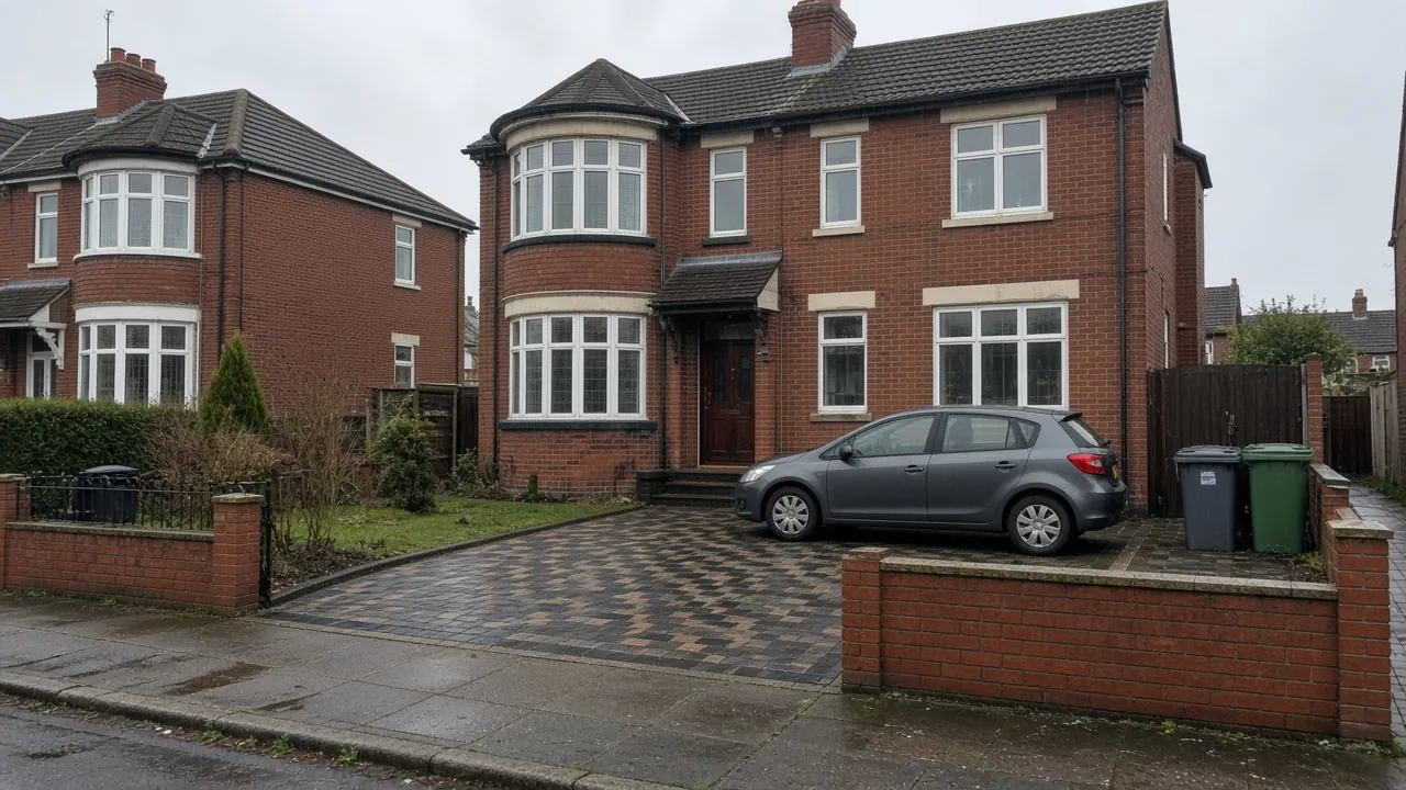 Block paved driveway in front of a 1930s bay-fronted semi on an overcast day