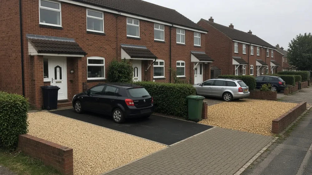 A row of semi-detached houses with resin, tarmac, gravel and block paved driveways side by side