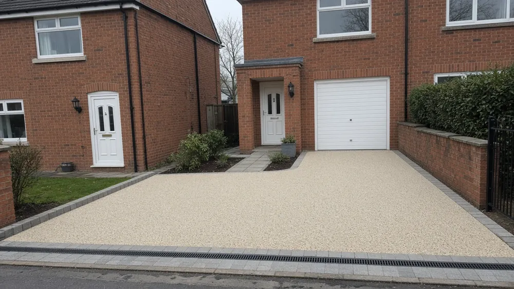 Example image: resin-bound driveway with a block border and a slot drain at the entrance