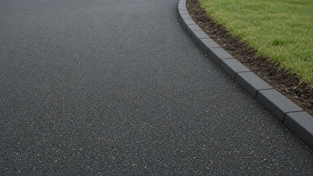 Example image: close-up of a freshly rolled tarmac surface meeting a concrete edging kerb