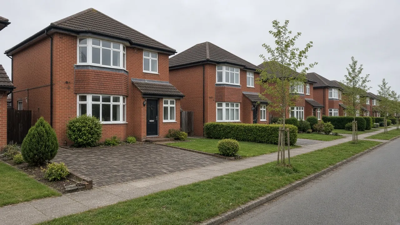 Example image: a block paved drive in front of bay-windowed brick houses on a quiet Kader road