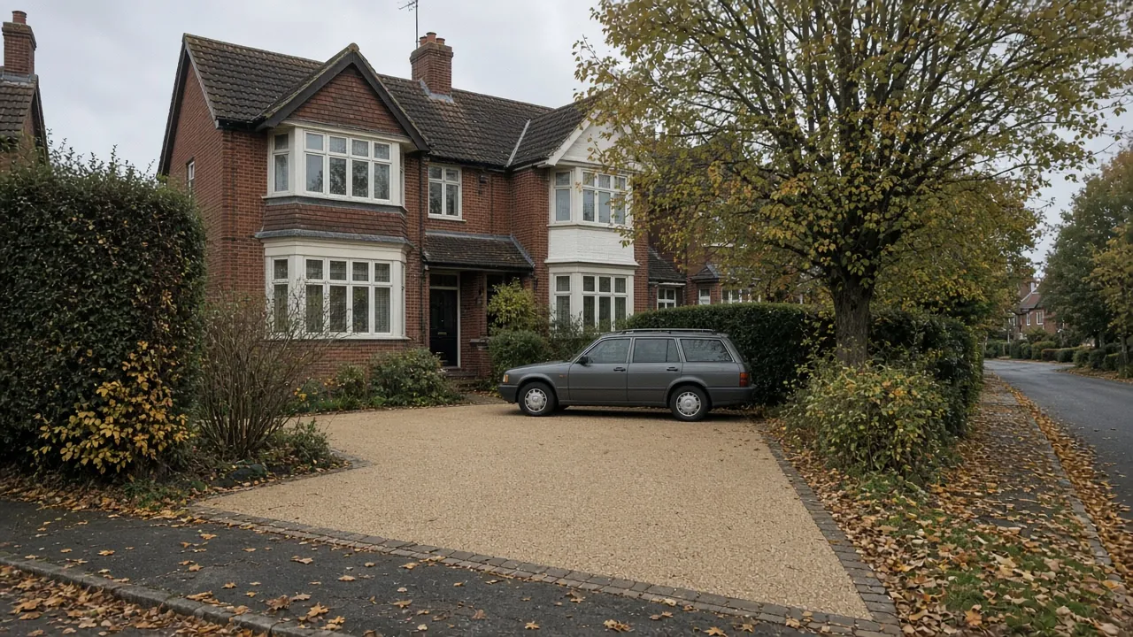 Example image: wide resin-bound double driveway on a leafy road of 1930s semis in Marton
